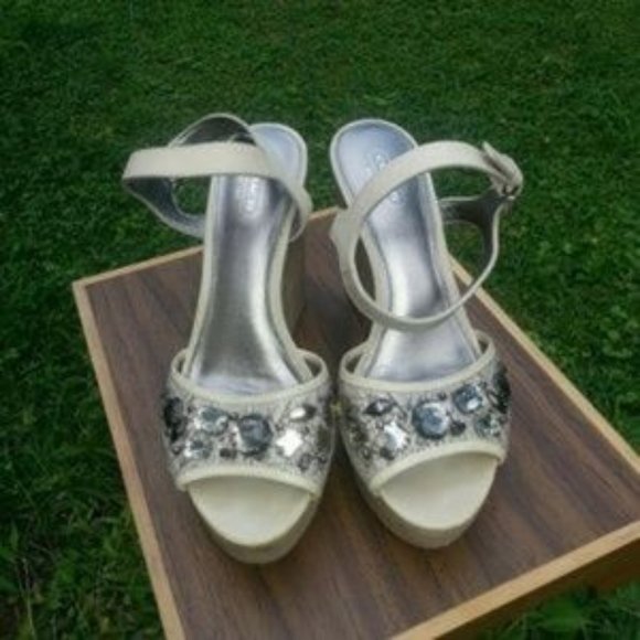 Coach Tan Leather Embellished Linen Stacked Platform Wedge Ankle Strap Shoes - Picture 12 of 14